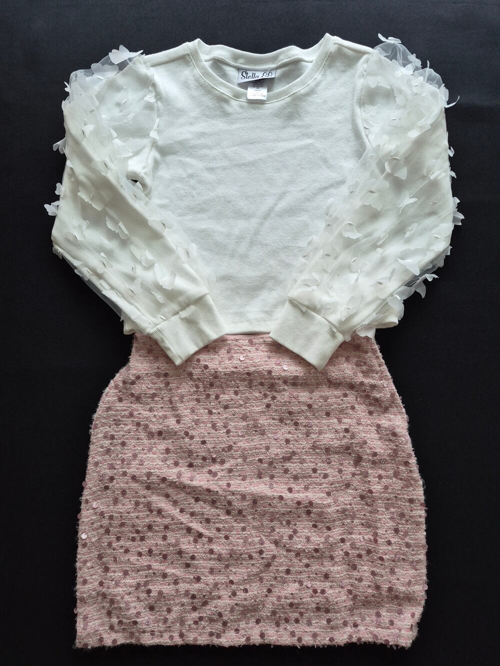 Stella 88 Girls 2-Piece White Top & Pink Sequin Skirt Set